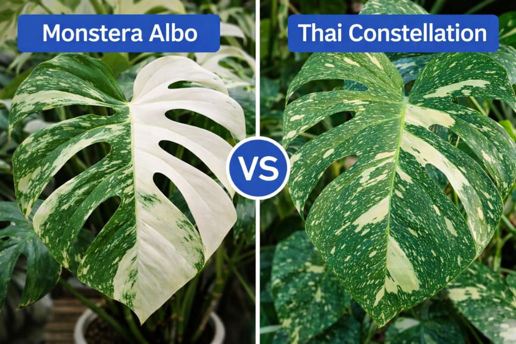 Monstera Albo vs Thai Constellation variegated leaf comparison